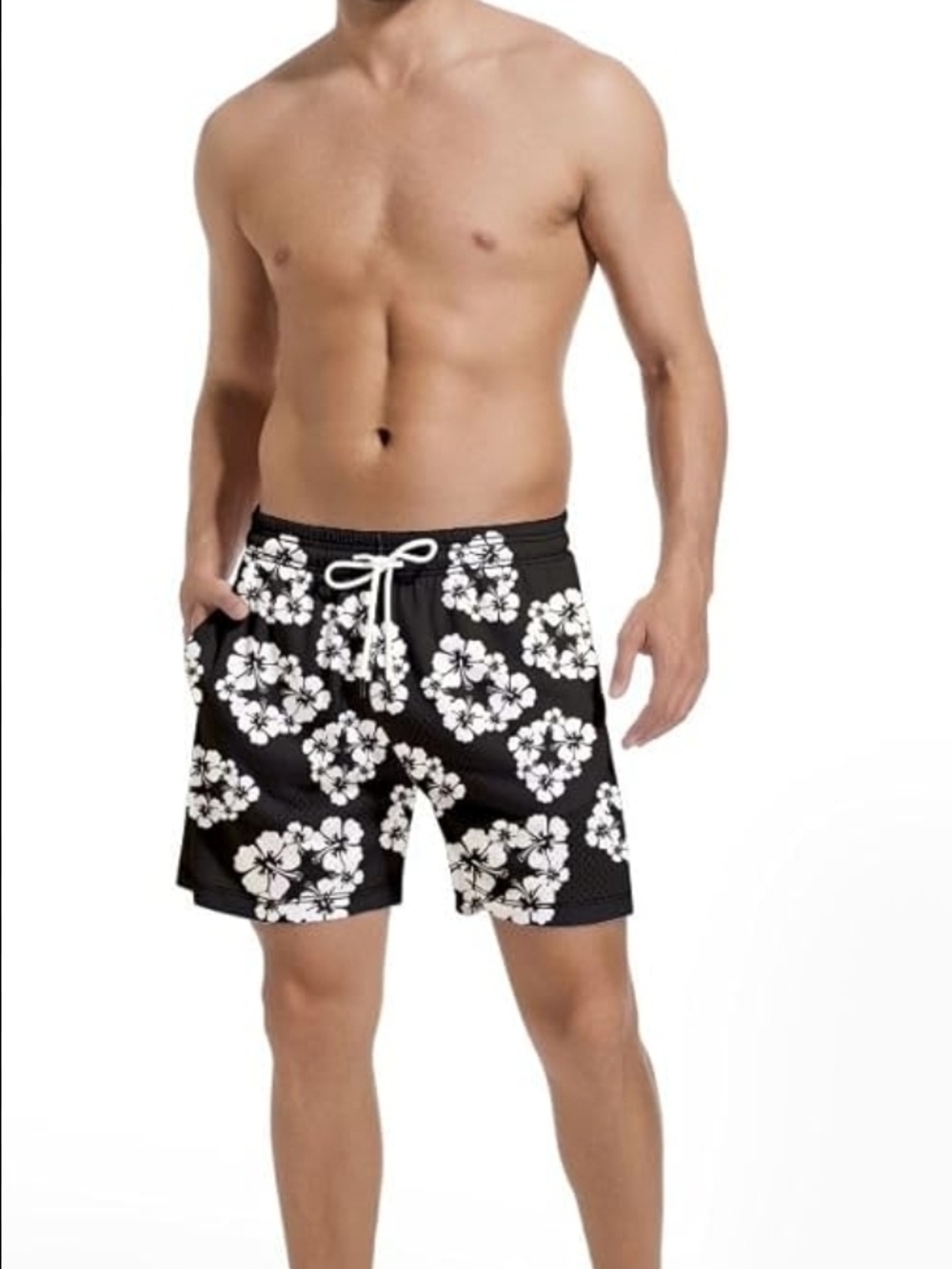 Men's Shorts with Black Floral Graphics.Athletic Running Shorts with Drawstrin.